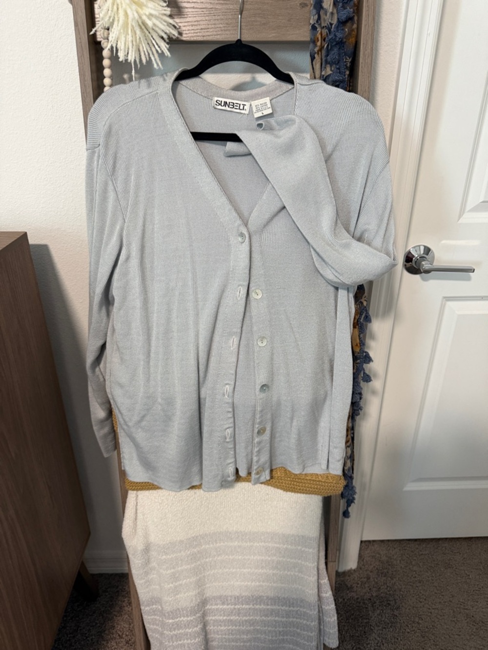 Sunbelt Light Blue V-Neck Button Cardigan with Gold Trim